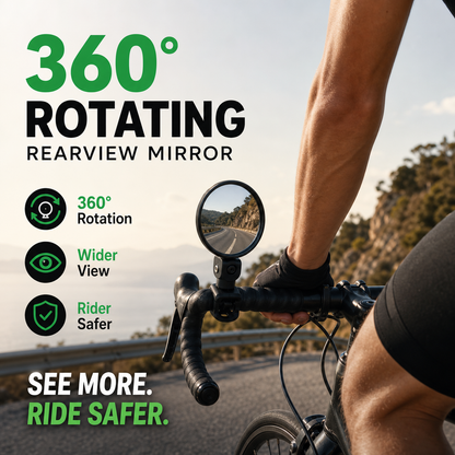 360° Rotating Rearview Mirror – Clear view behind, no more neck twisting. Fits bikes, e‑bikes & motorcycles. Tool‑free silicone strap! 🛡️✨