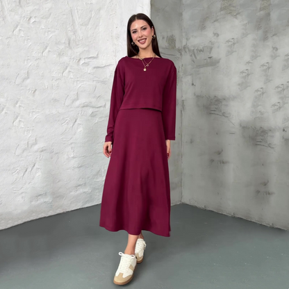 📢📢60 % OFF !!🎅Women's Long Sleeve Crop Tops & Sleeveless Dress 2-Piece Set