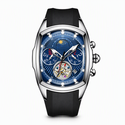 ⏳🔥LIMITED-TIME 50% OFF! ⏰Men's Tonneau Quartz Chronograph Watch – Skeleton Flywheel Dial, Moon Phase Calendar & Silicone Strap, Stylish Men's Wristwatch⌚️